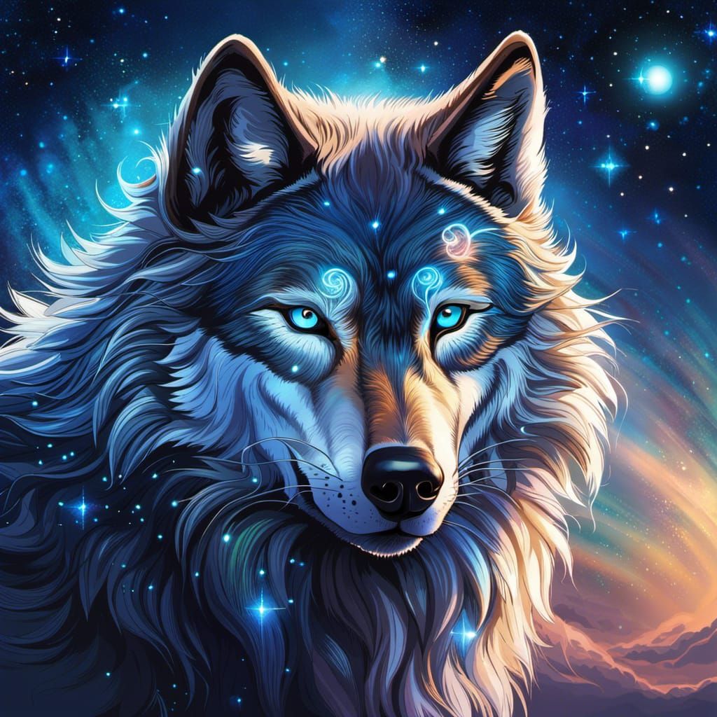 Fantasy Wolf with Azure Eyes and Galaxy Reflections