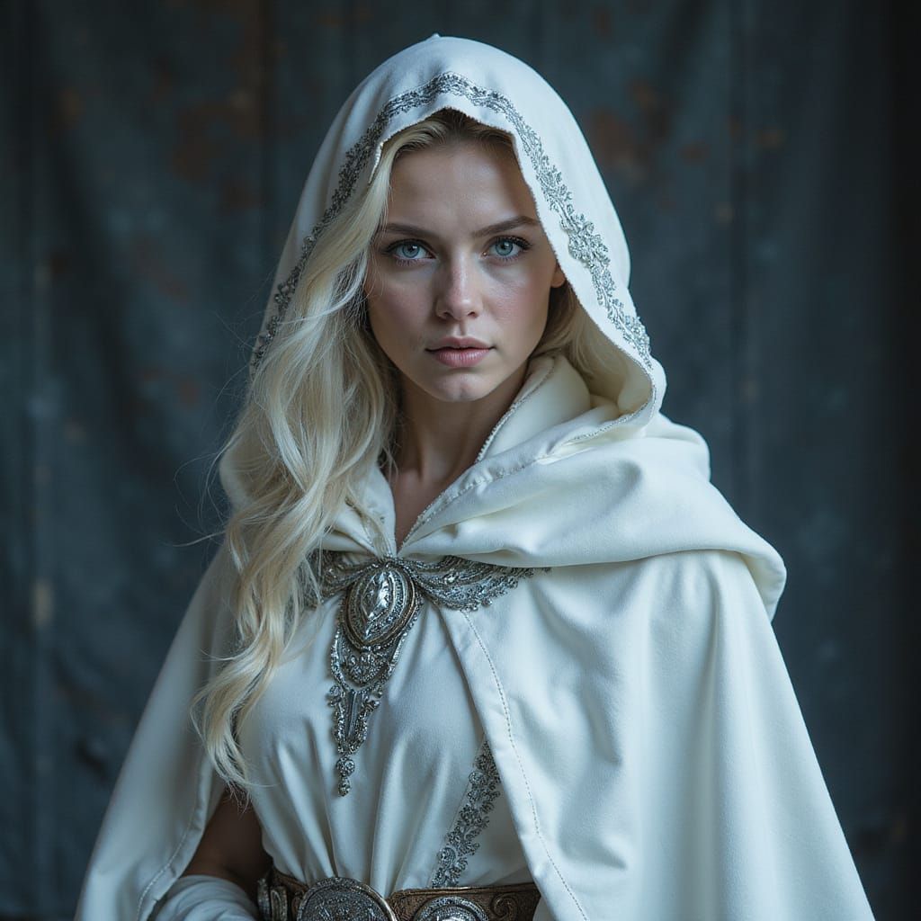Majestic Human Sorceress in Icy Cloak, Piercing Blue Eyes, a...