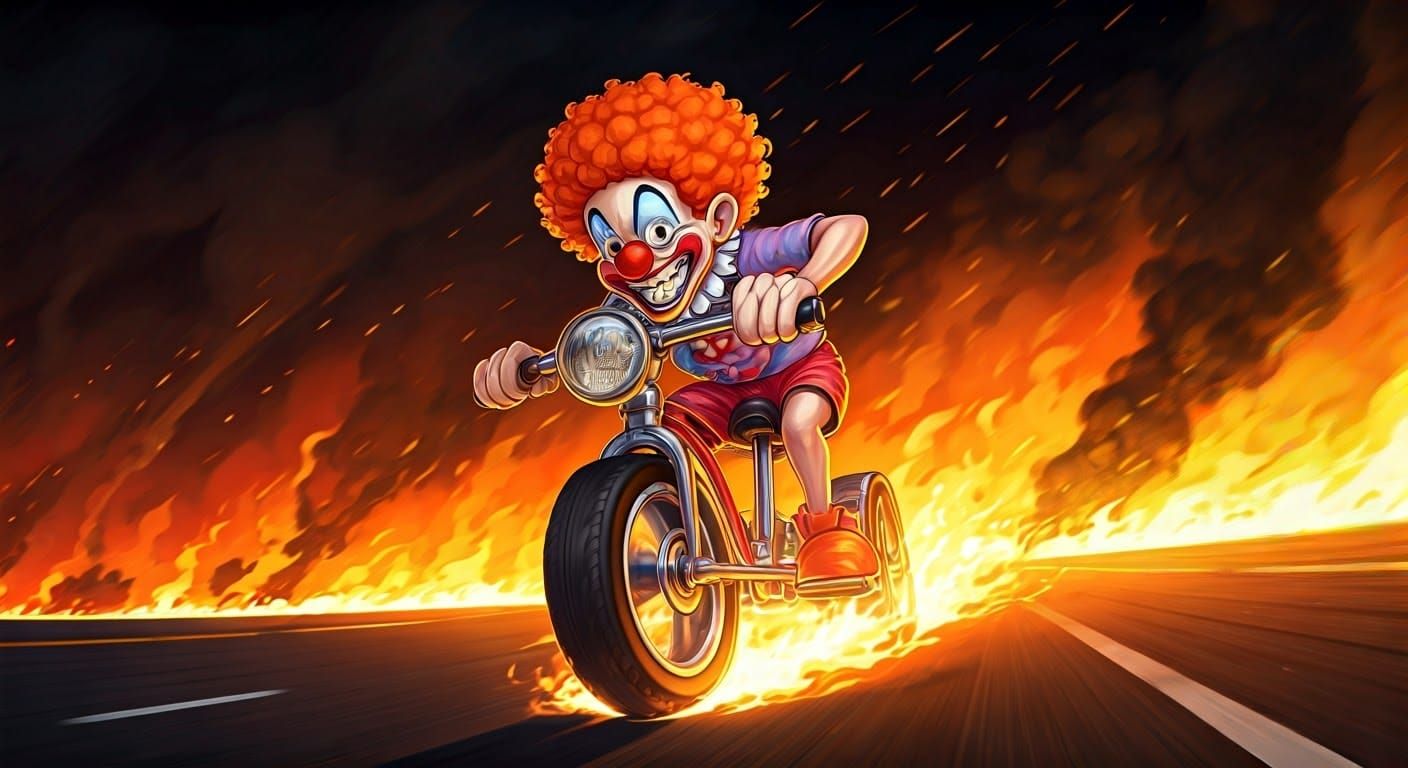 Cartoon Clown Unicycle Ride Through Fiery Apocalypse