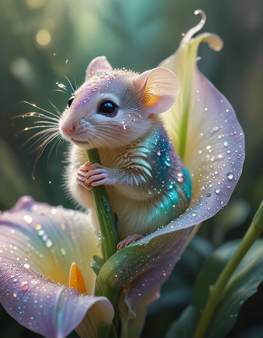 Dreamy Digital Art of Dormouse in Iridescent Calla Lily