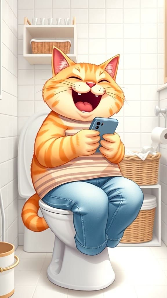 Cartoonish Ginger Cat Uses Smartphone on White Toilet