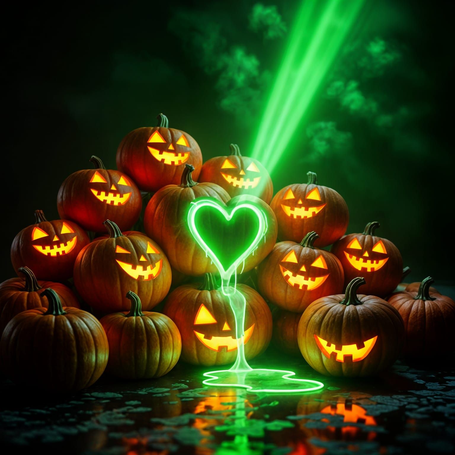 Neon Pumpkins with Heart Crack in Photorealism