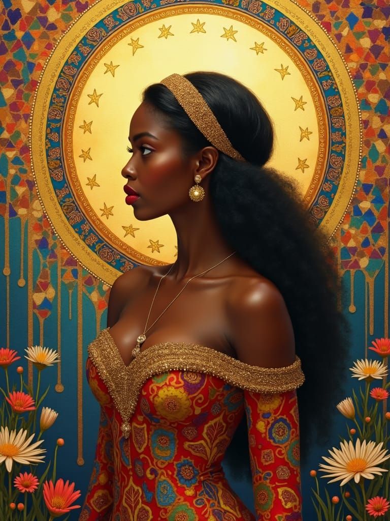 African Princess with Golden Portal, Klimt and Parkes Style