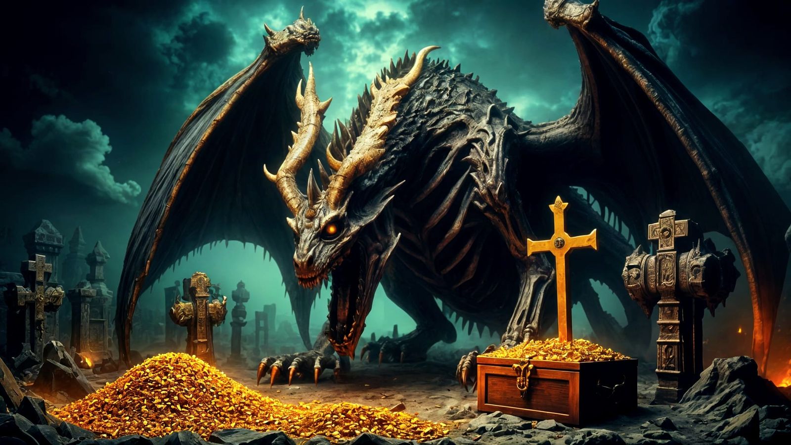 Skeleton Dragon Guarding Gold Treasure in Graveyard