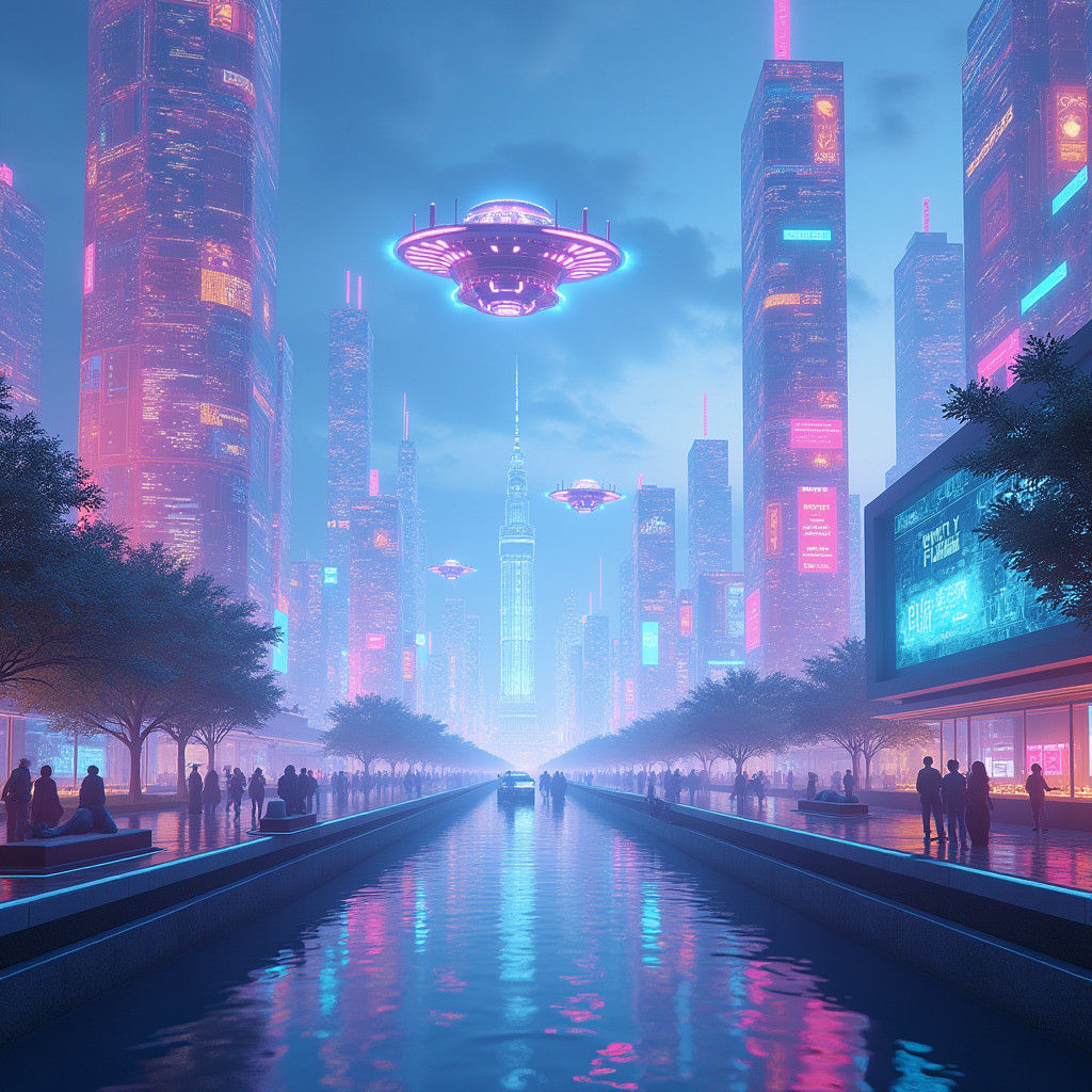 Futuristic Holographic Cityscape in Neon Colors
