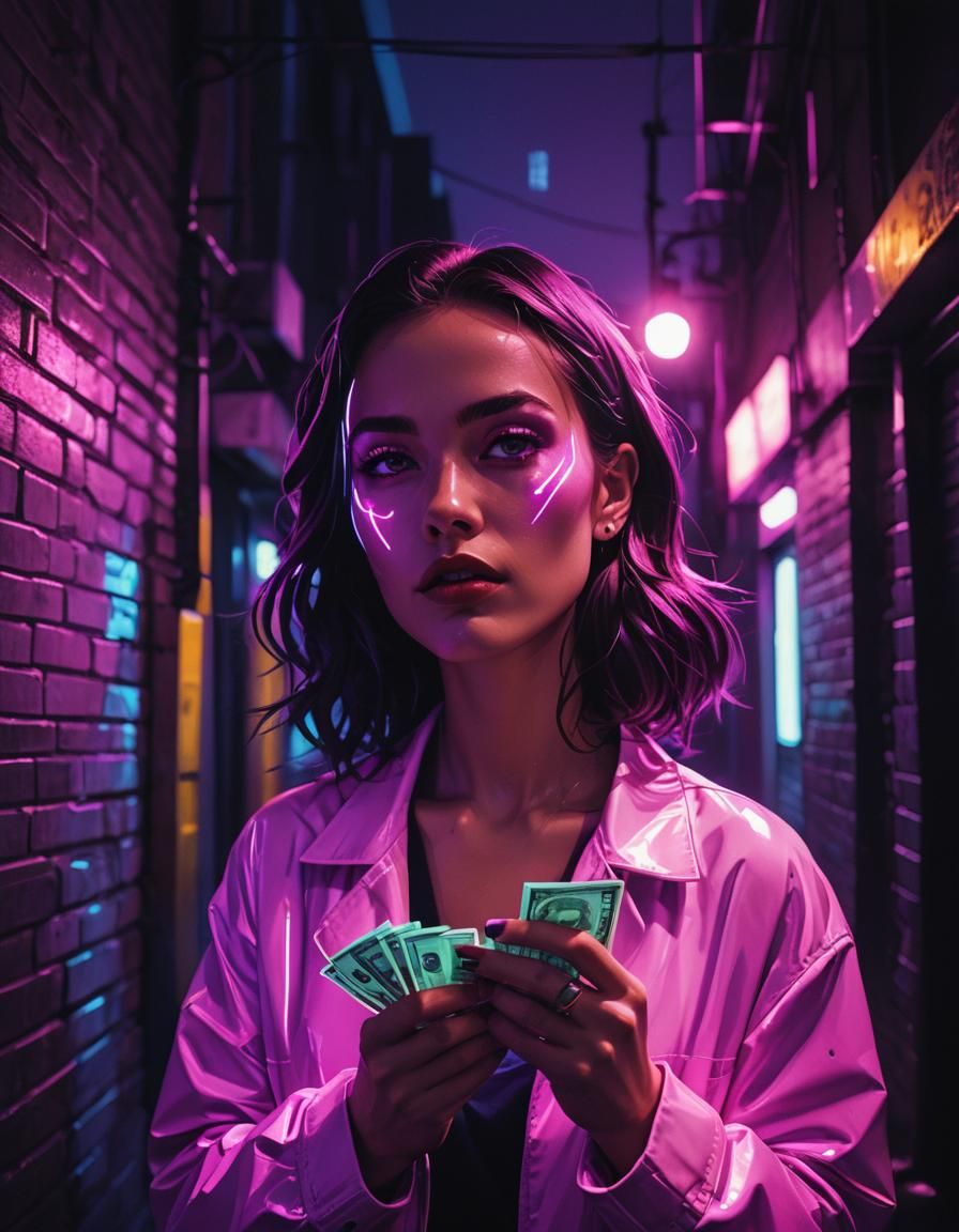 Neon Portrait of Girl with Money, High Contrast