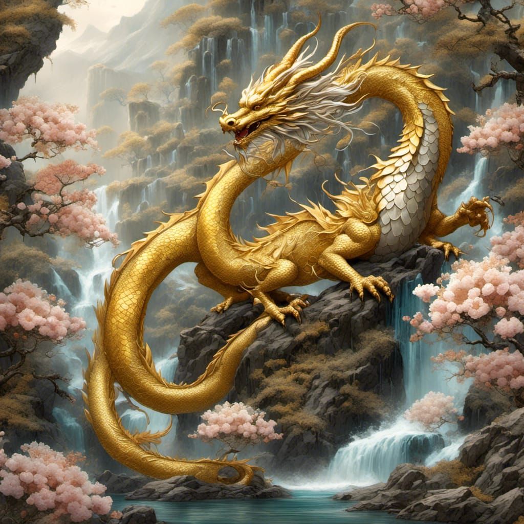 Golden Dragon in Japanese Watercolor Style