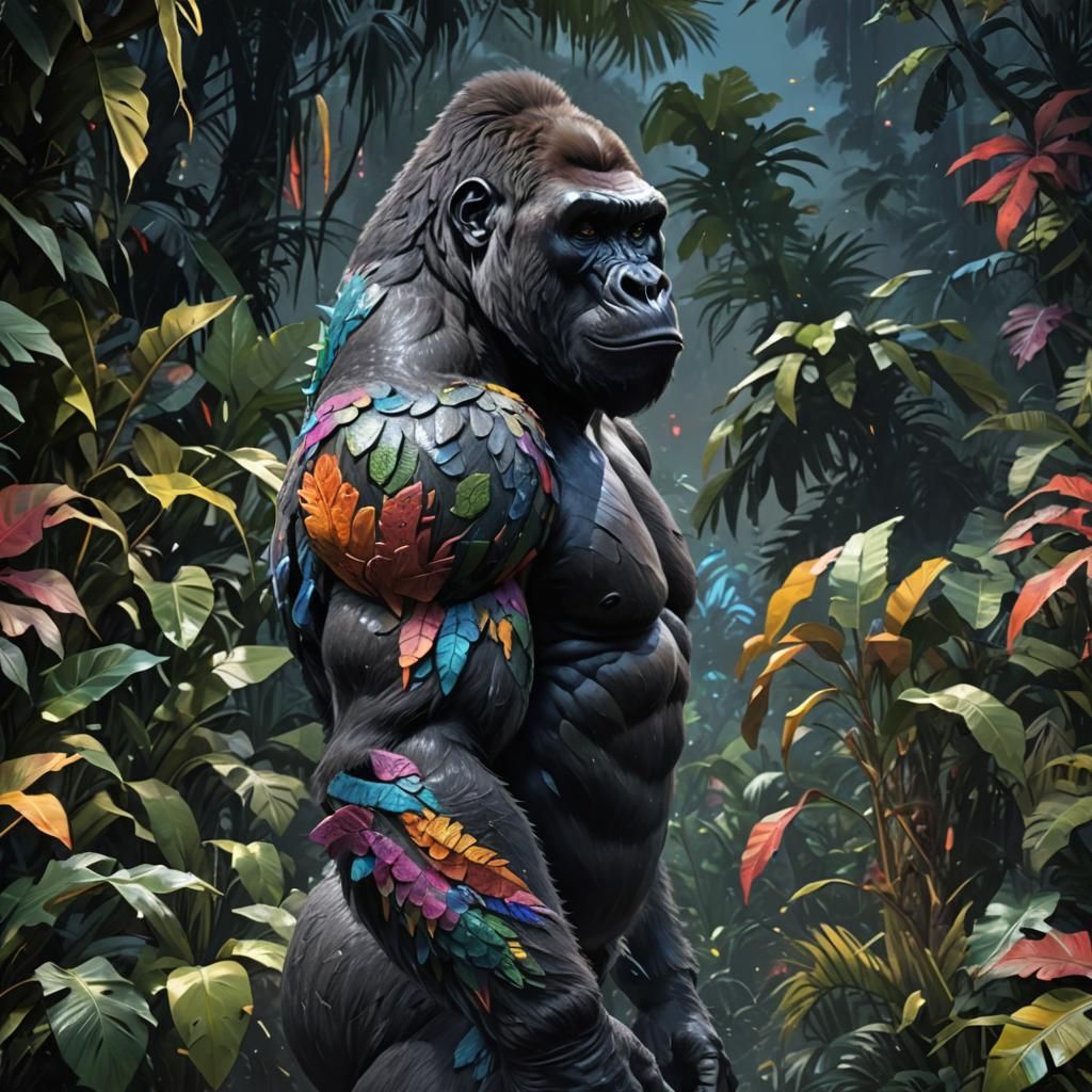 Majestic Scaled Gorilla in Jungle Night, Hyperrealistic Art