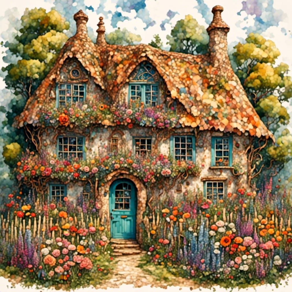 English Cottage with Flower Garden in Folk Art Style