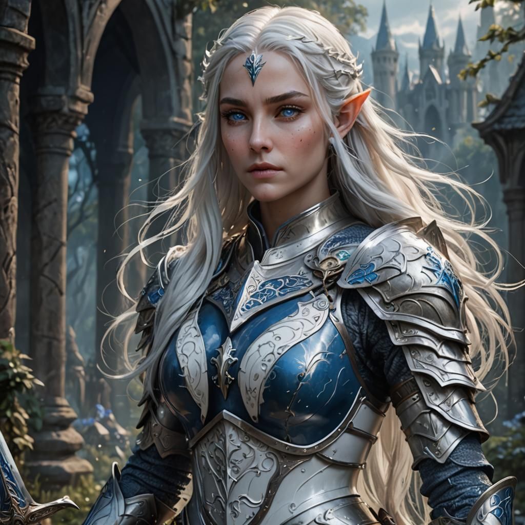 A Female Elven Ice Knight in white and blue armor. Long white hair with blue eyes. She protects the Ice Wizards.