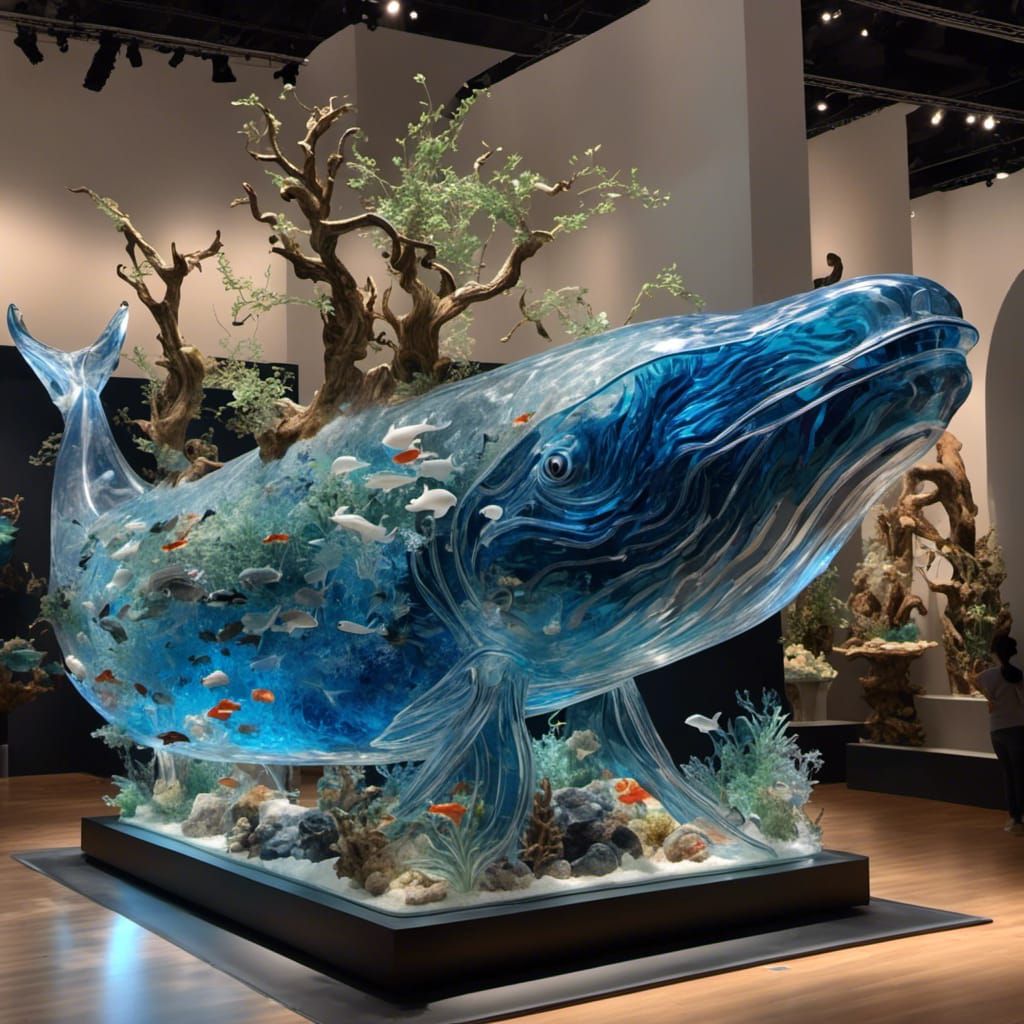 Whale-Shaped Aquarium with Glass Art Details