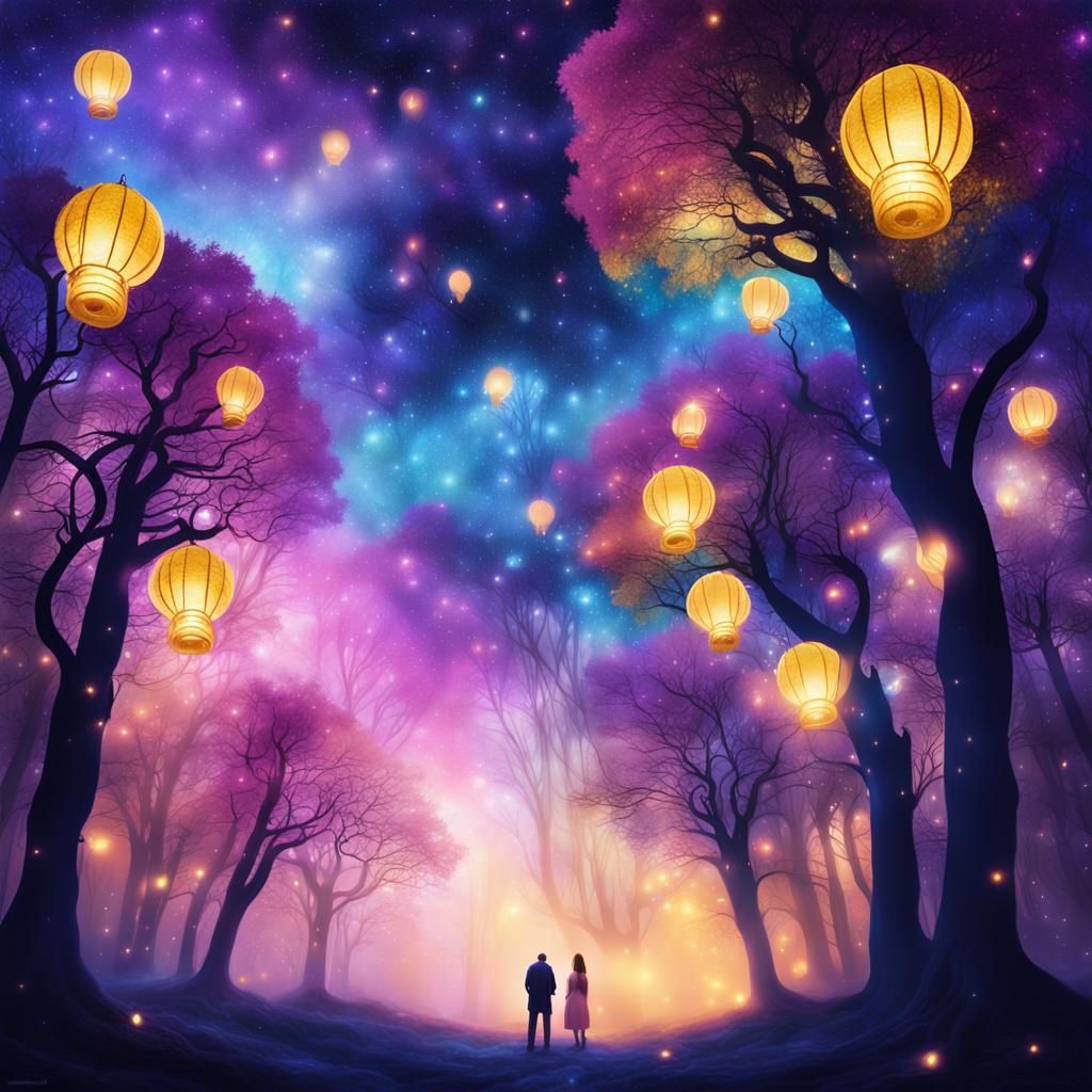 Magical Forest Dreamscape with Swirling Galaxies