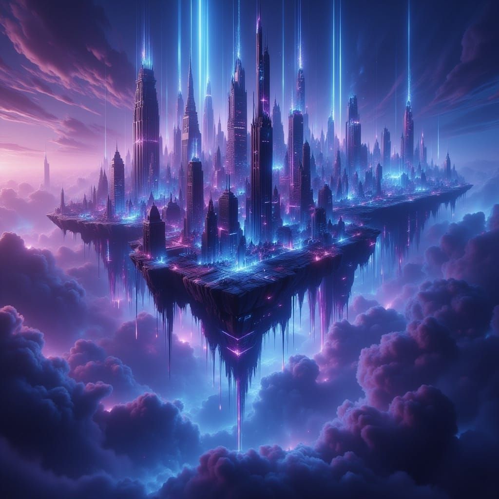 Cyberpunk Floating City with Neon Lights
