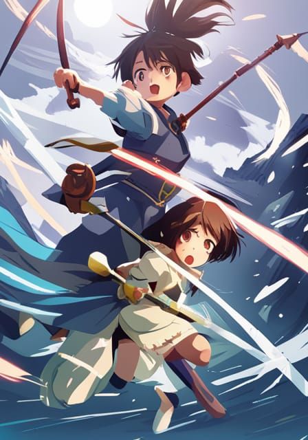 Anime Knight Girl Versus Dog-Eared Boy in Ghibli Style