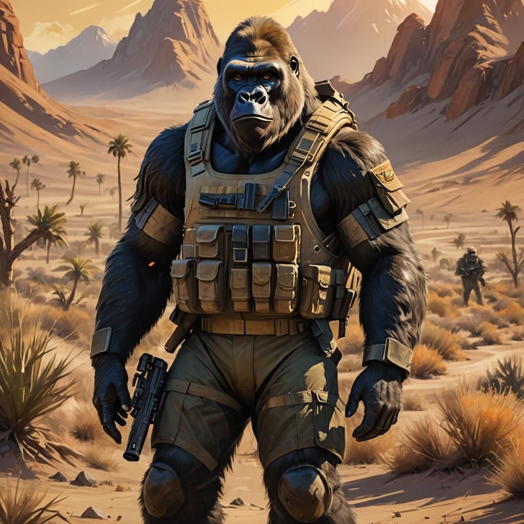 Gorilla Soldier Concept Art in Desert Landscape