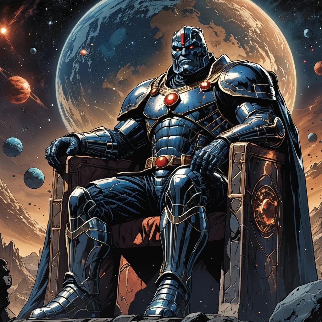 Darkseid on Throne Observing Earth in Comic Style