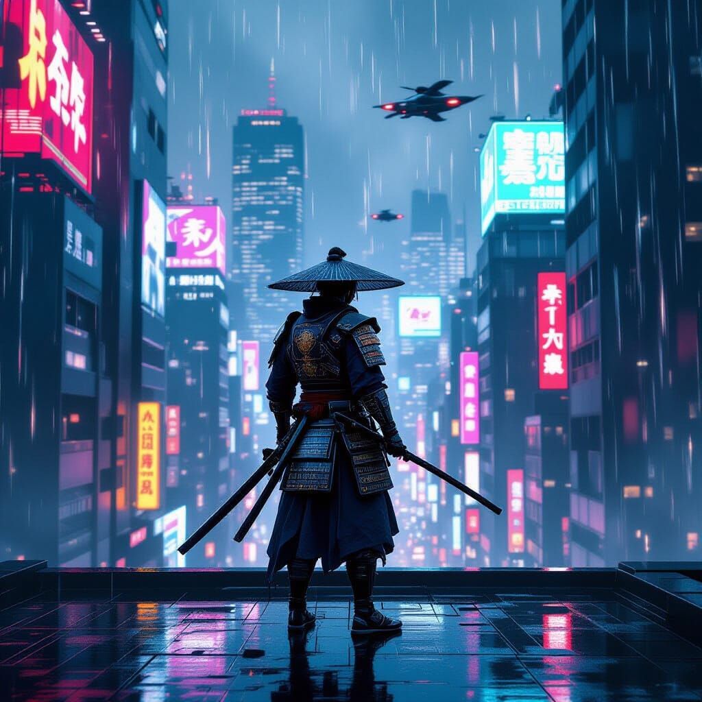 Cyberpunk Samurai on Neon Rooftop Overlooking Flying Cars