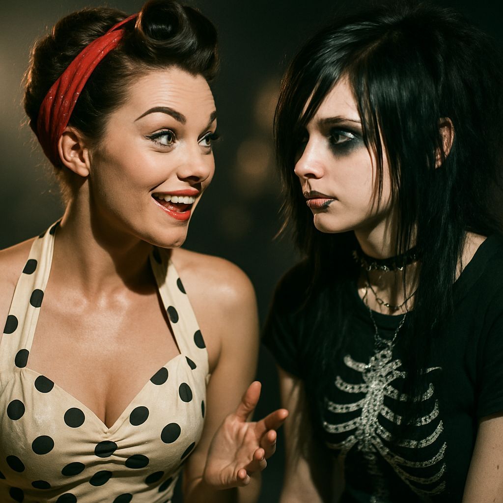 1950s Pin-Up Meets 2000s Emo Goth: Hyper-Realistic Photo
