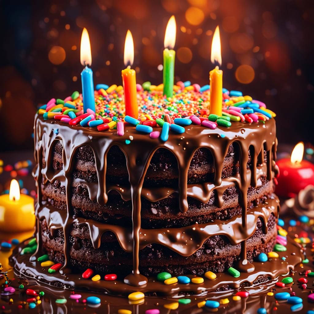 Festive Chocolate Birthday Cake in Oil Painting Style