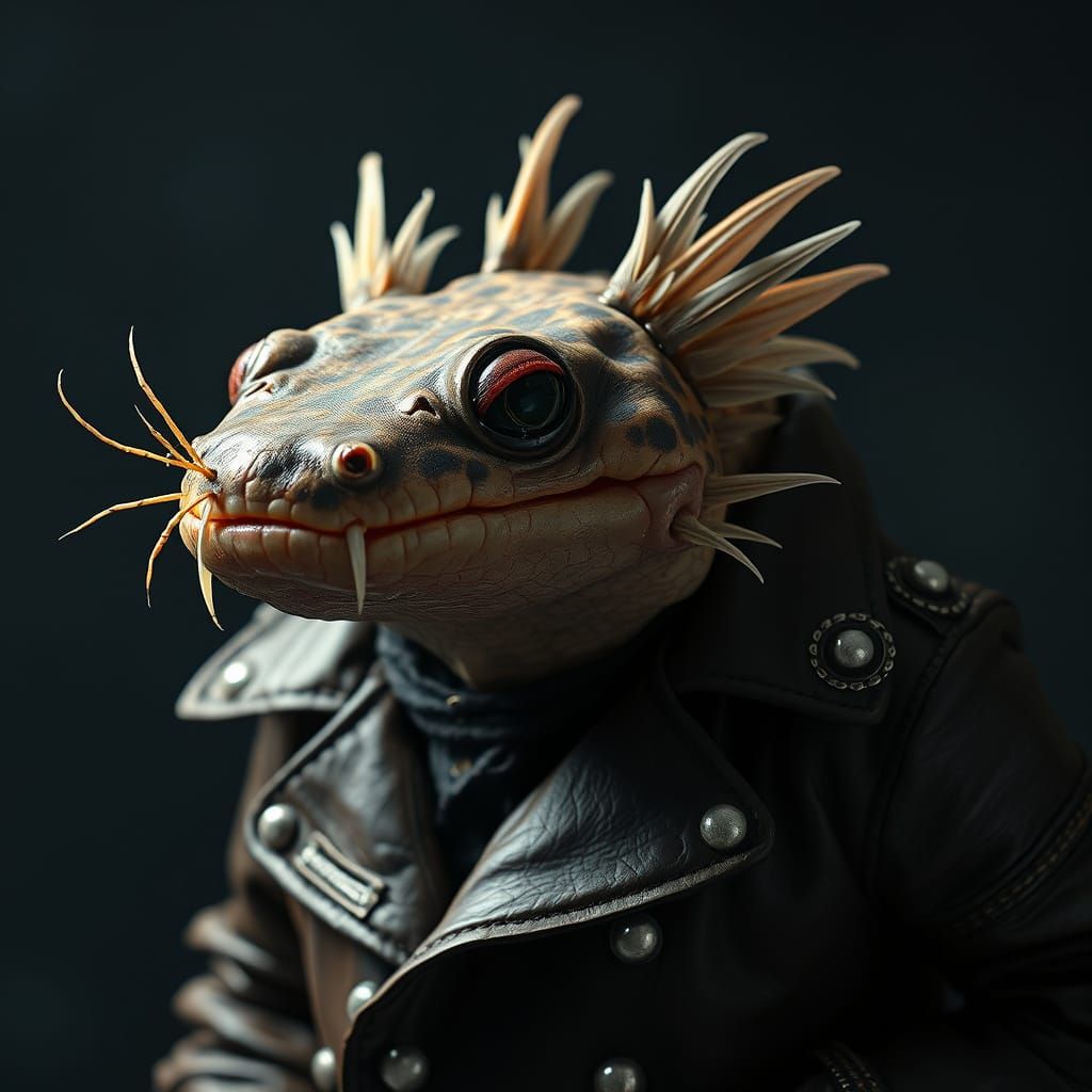 Axolotl in Distressed Leather Jacket with Feathery Gills