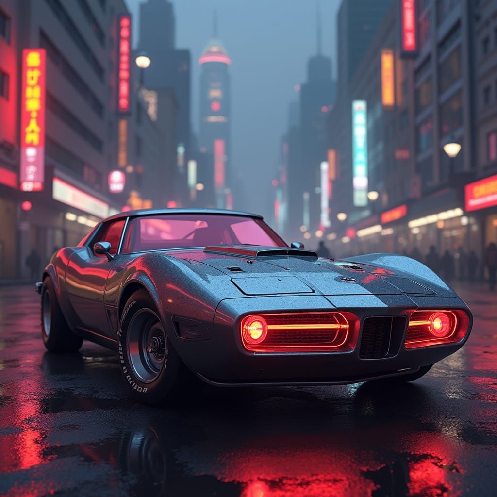 Retro-Futuristic 2004 Chevy Cat Eye in Neon Cityscape