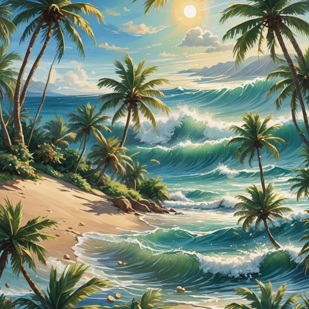 Tropical Palm Trees and Ocean Waves in Digital Art
