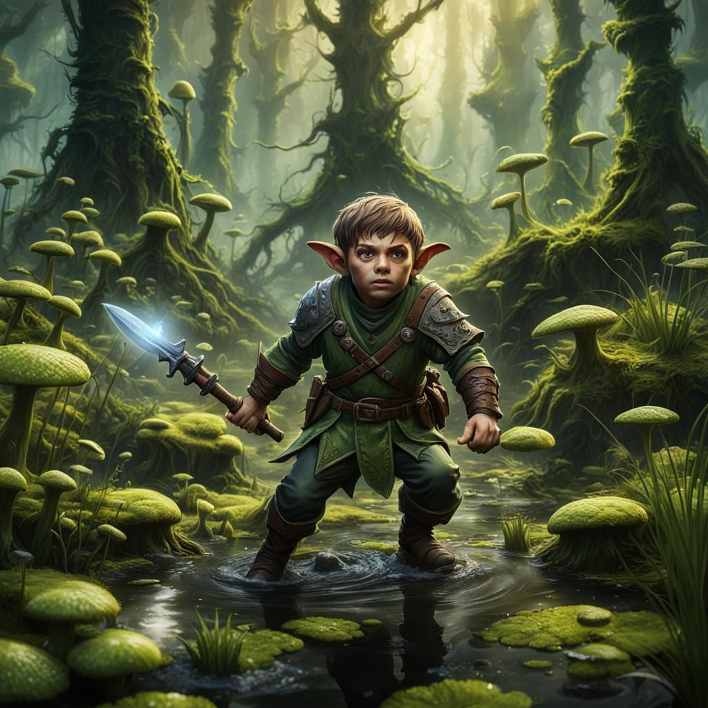 Halfling Warrior in a Spore-Filled Swamp