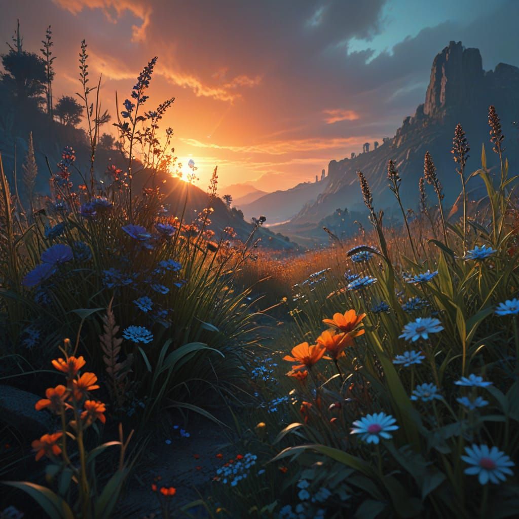 Wildflowers Silhouetted Against a Dramatic Sunset