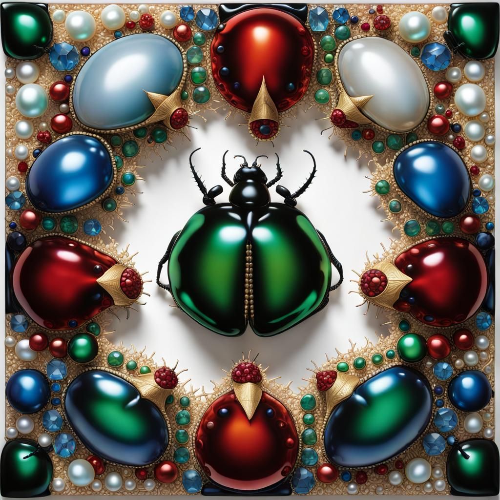 Beetles Adorned with Jewels in Psychedelic Fractal Art