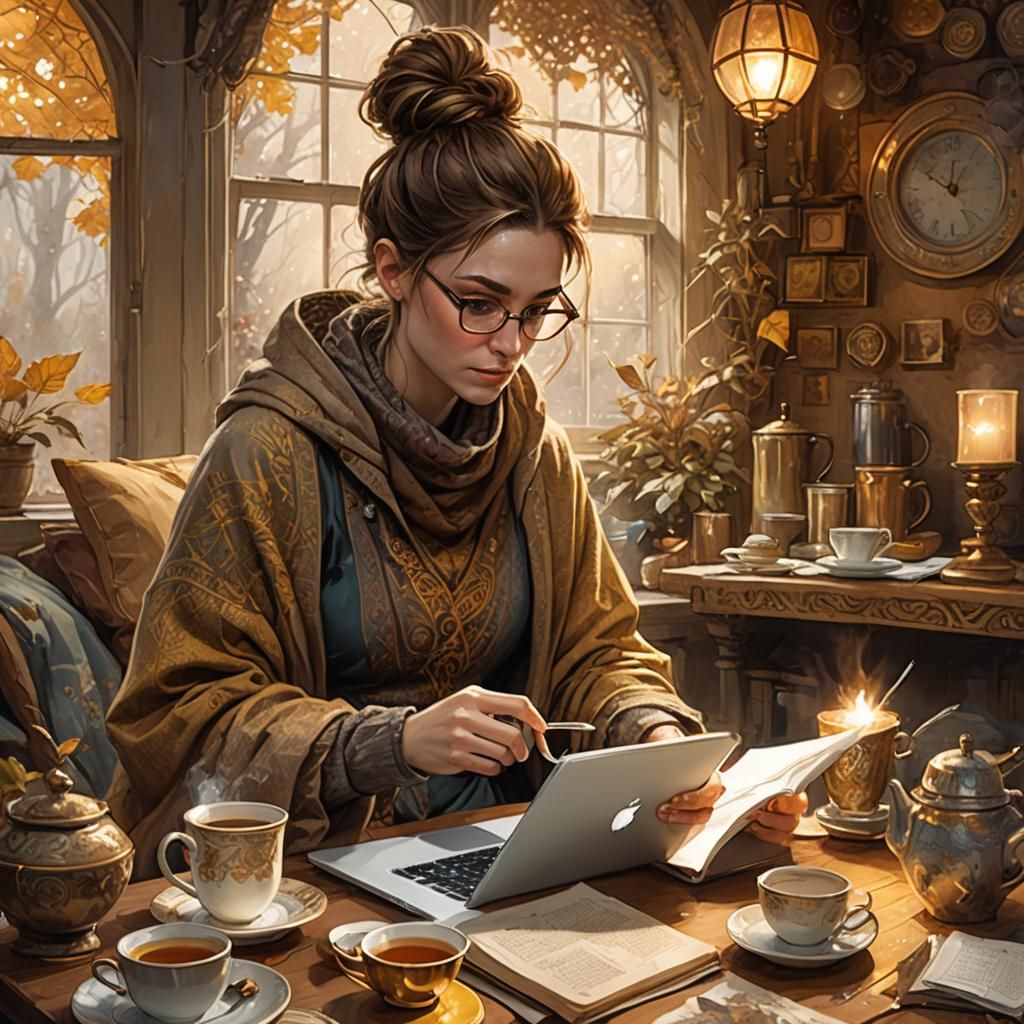 Fantasy Author Typing, Dreamy Concept Art
