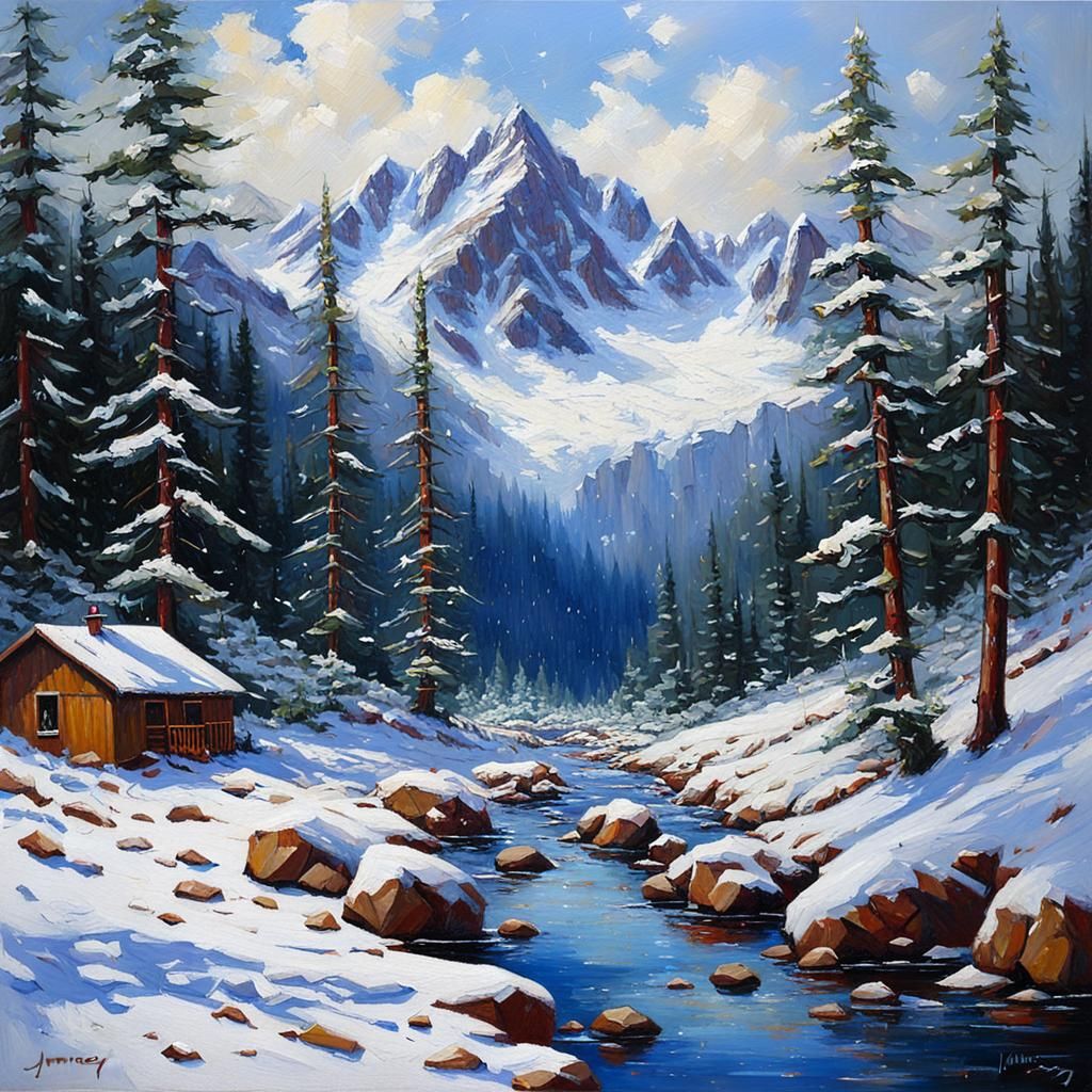 Snowy Mountains in Oil Painting Style