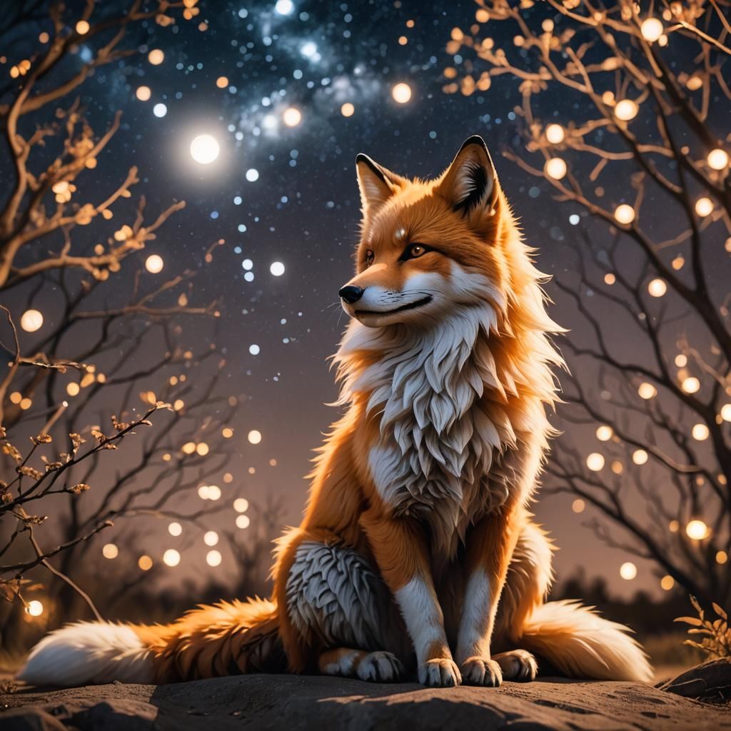 Glowing Nine-Tailed Fox Under the Stars