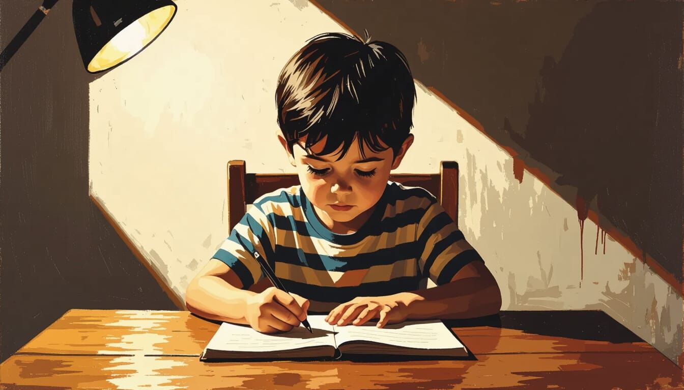 Boy Writing in Dark Cartoon Style Oily Painting