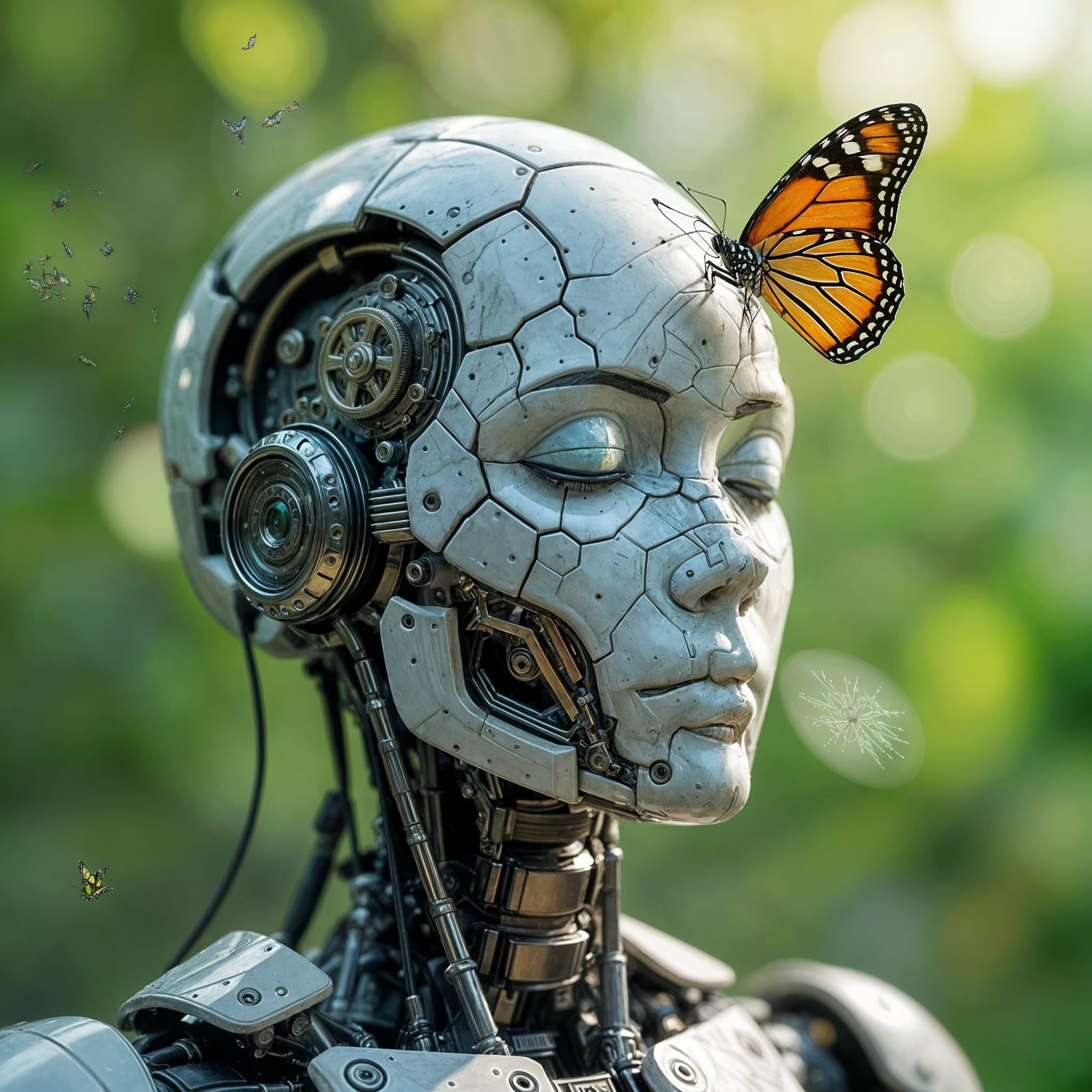 Humanoid Robot with Butterfly, Hyperrealistic CGI Art