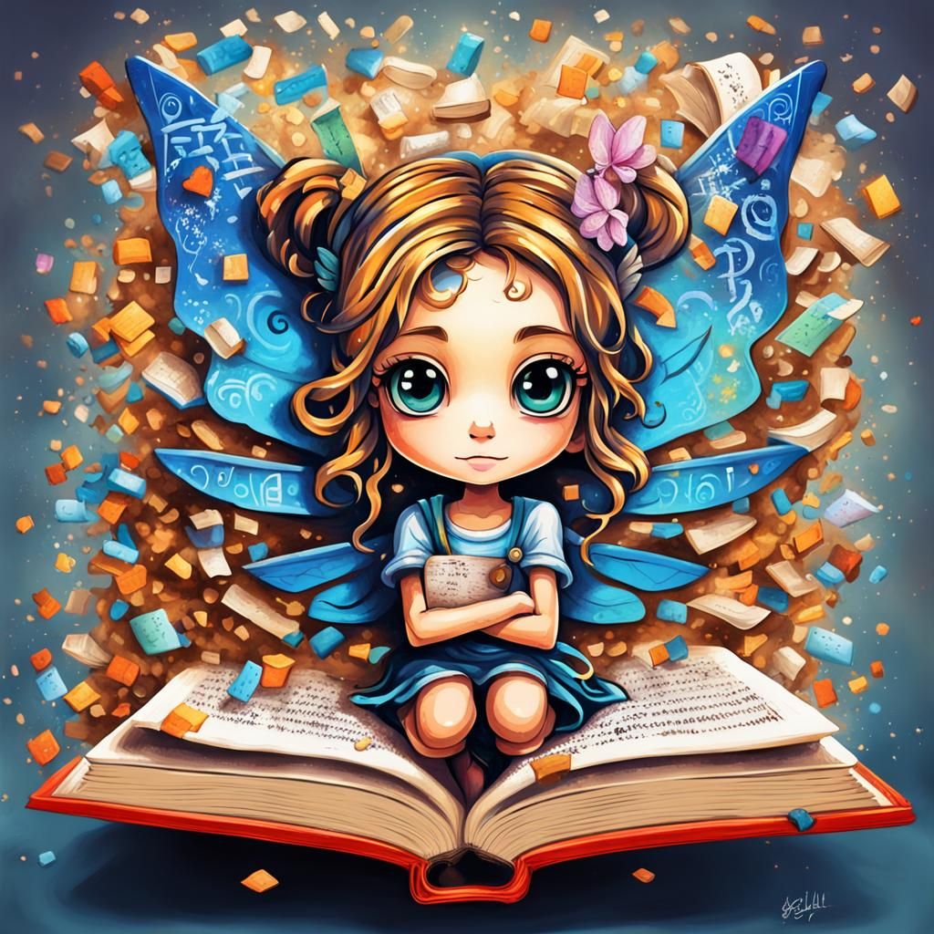Chibi Fairy Emerges from Book in Graffiti Art