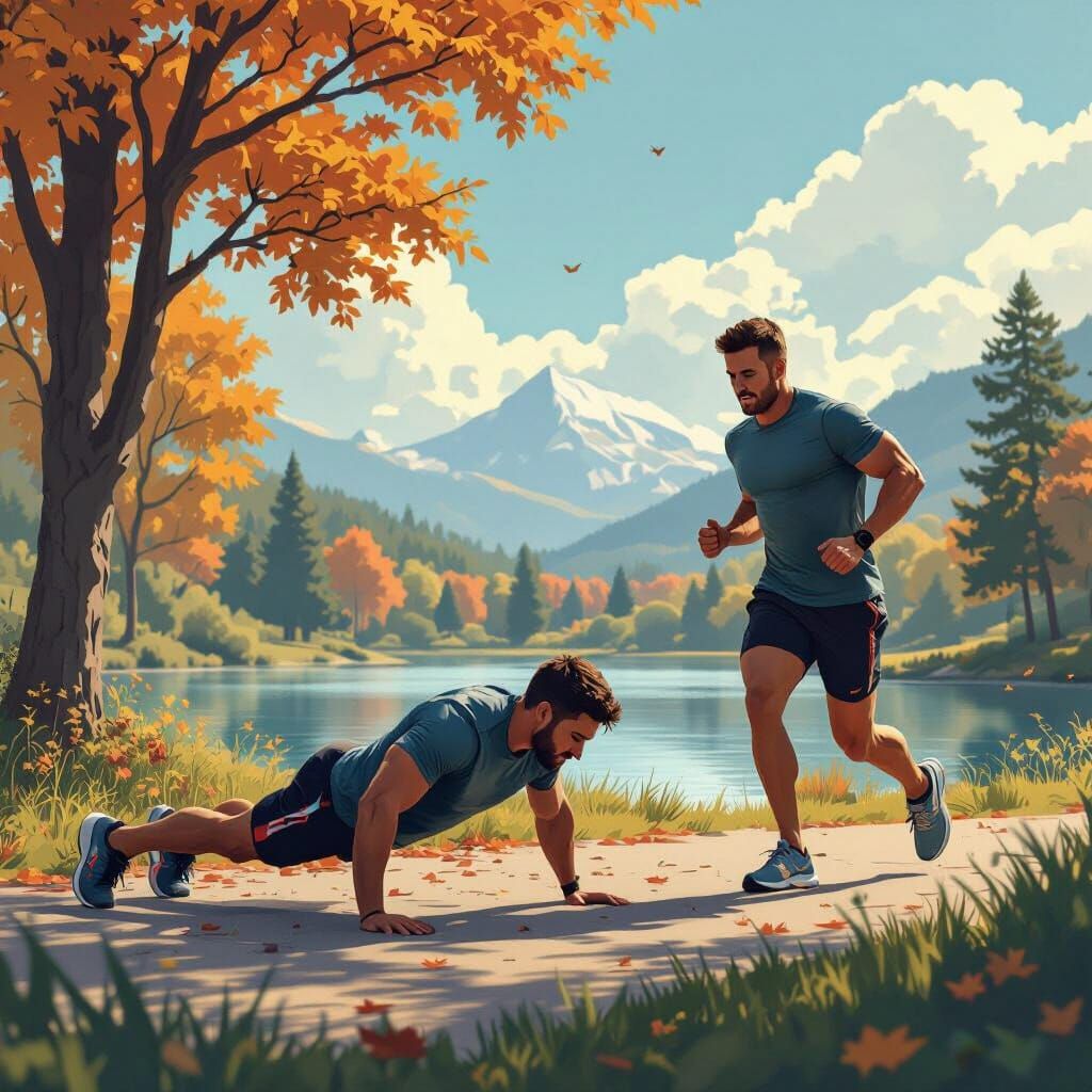 Man's Outdoor Workout in Detailed Matte Painting Style