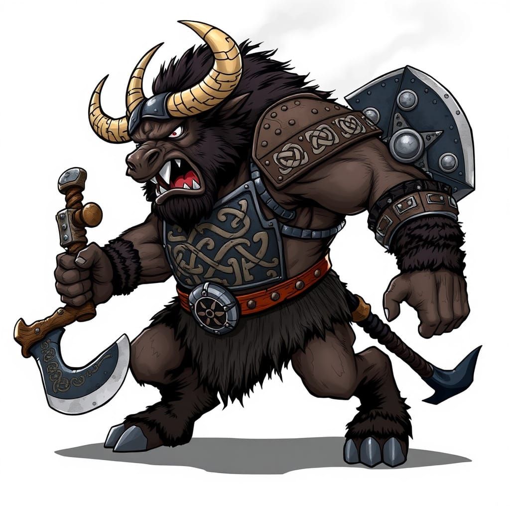 Berserker Minotaur in Metal Armor, Side-View Cartoon Art
