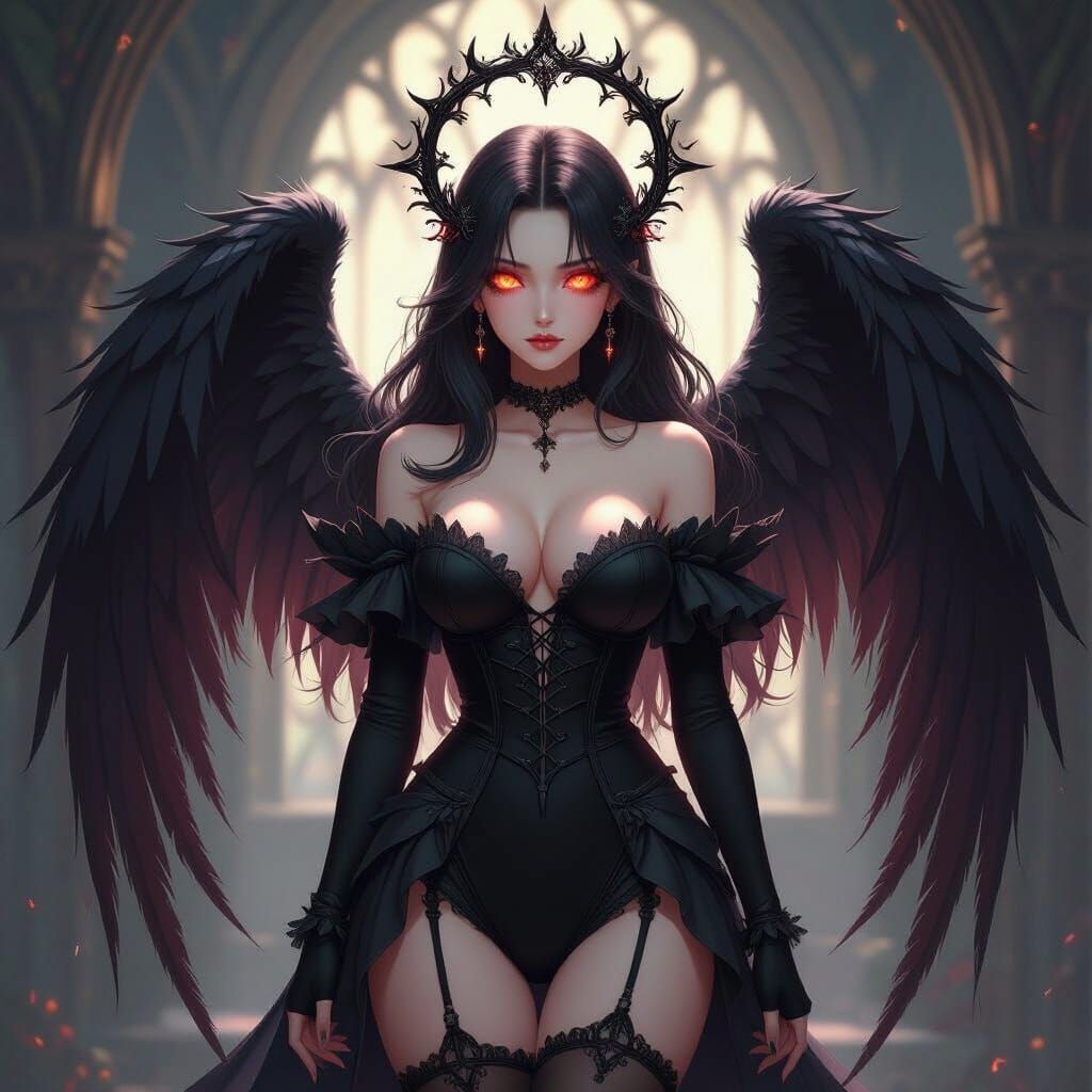 Angelic Anime Woman with Demonic Traits and Glowing Eyes