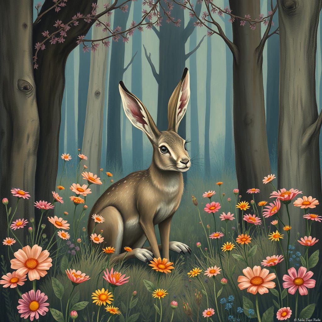 Mythical Jackalope in Whimsical Forest, Dreamy Art
