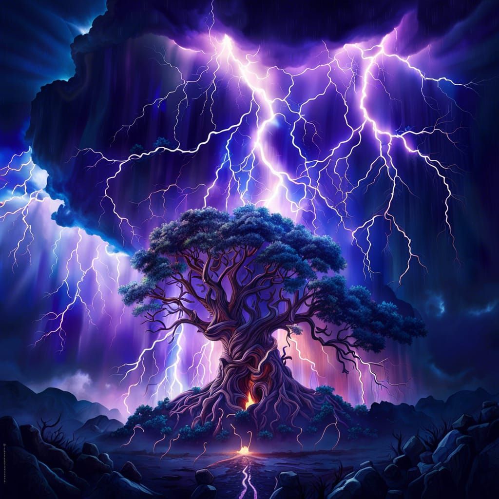 Yggdrasil Thunderstorm in a Detailed Digital Painting