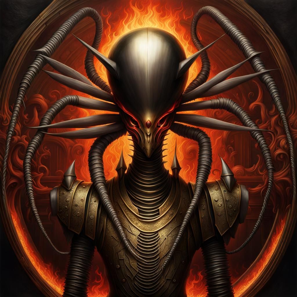 Arachnoid Alien in Fiery, Surreal Xylograph