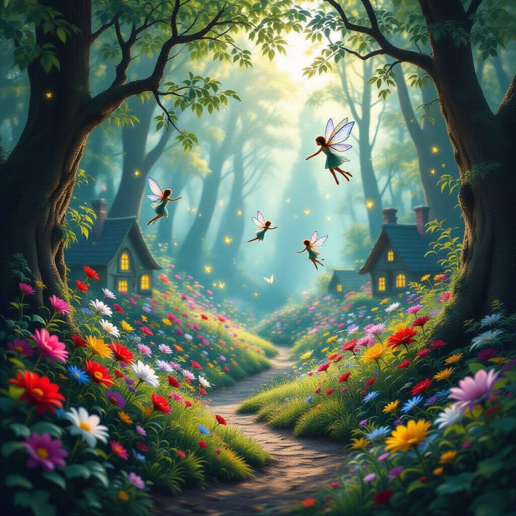 Whimsical Fairy Neighborhood in Ethereal Forest