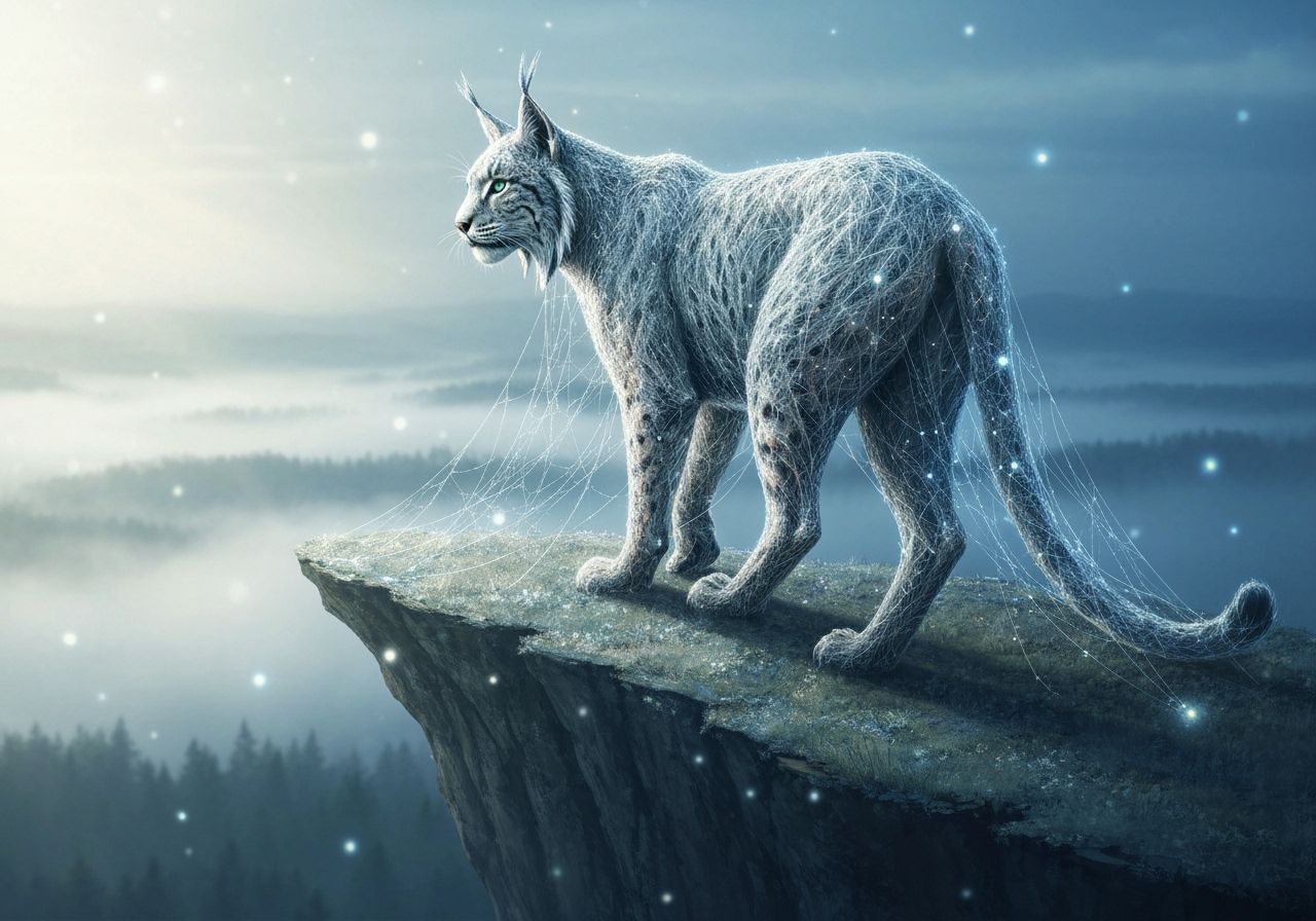 Ethereal Lynx Made of Spiderwebs on Misty Cliff