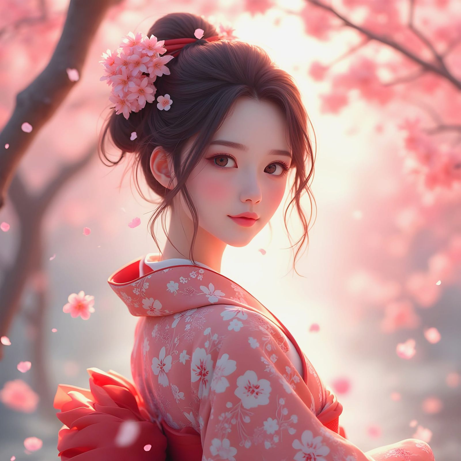 Anime-Inspired Woman in Cherry Blossom Landscape