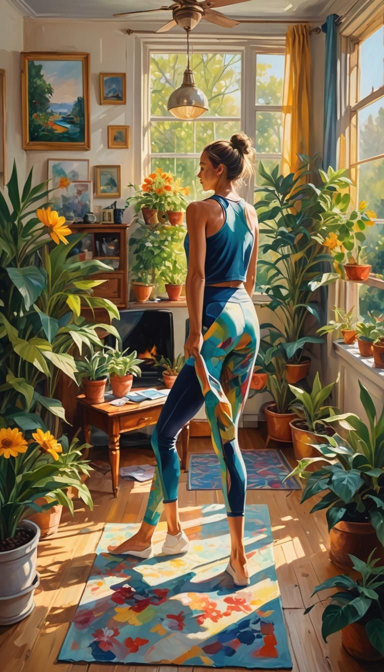 Morning Sunlight: Person Stretching in Vibrant Oil Painting