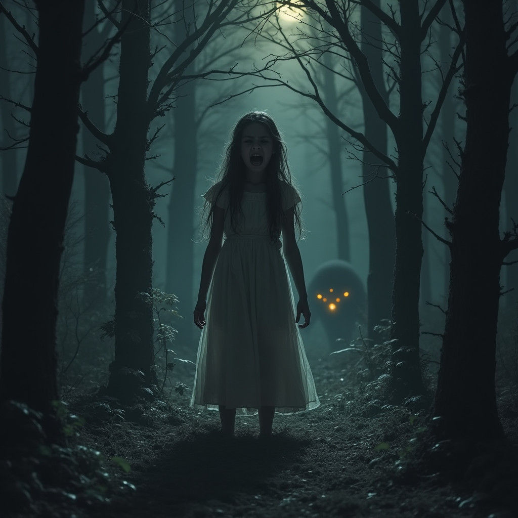 Terrified Girl Screaming in Dark Wood, Gothic Art