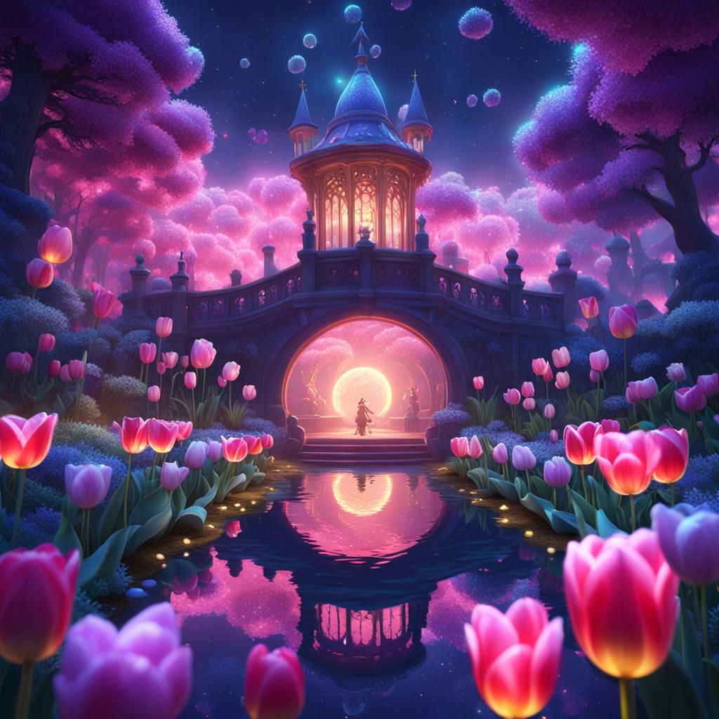 Sparkling Galaxy Bunnies in Illuminated Tulip Garden