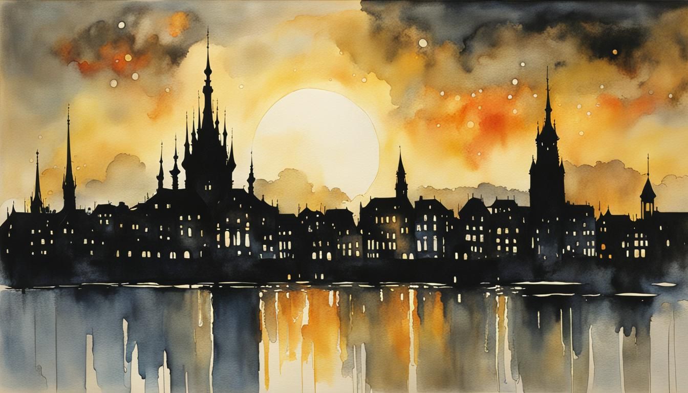 City Silhouette at Twilight in Watercolor Style