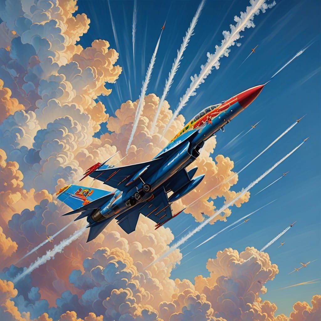 Energetic Aviation Art with Fighter Jet in Sunlit Clouds