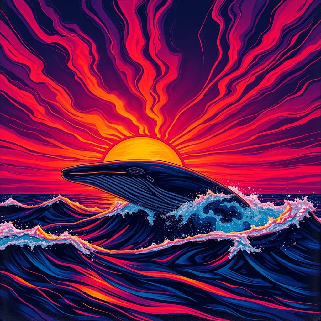Psychedelic Whale Breaches Sunset Sky, Graffiti Art